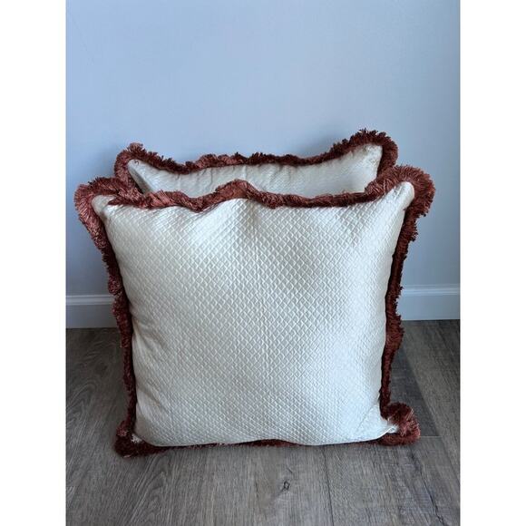 Set of 2 Handmade Embroidered Floral Flower Vine Throw Pillows Fringe Trim - Picture 4 of 6